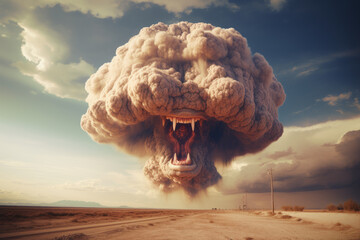 Explosion of a nuclear bomb, evil angry mushroom cloud face