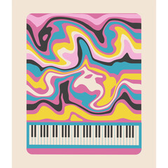 A poster with musical keys in Groovy stile, for the piano or grand piano concerts. Wave design. 
Lilac, turquoise, yellow, pale pink colors. Graphics. Style of the 70s and 60s