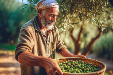 Defocused Portrait of senior man harvesting olives in olive tree garden.