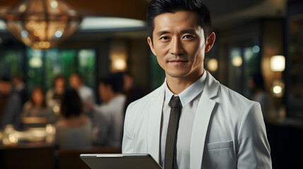 Fototapeta premium Successful and confident Korean doctor in a white coat, standing with holding a tablet. Generative AI