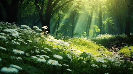  a forest filled with lots of white flowers next to trees.  generative ai