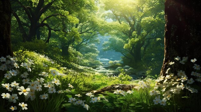  a painting of a forest filled with lots of trees and flowers.  generative ai