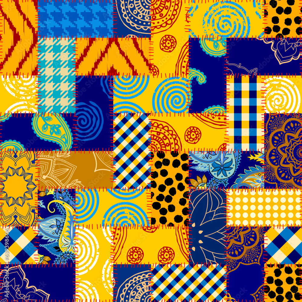 Poster Textile patchwork pattern with blue and yellow colors. Vector image