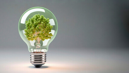 Light bulb full of green leaves and tree on grey background with copy space, eco concept