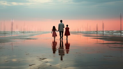  a man and a woman holding hands while walking on the beach.  generative ai