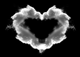 Heart shaped cloud illustration. White heart shaped cloud isolated over black background