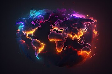 Fototapeta na wymiar Glowing world map on dark background. Globalization concept