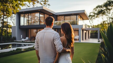 Young couple in front of their new home. Back view. Life style real estate concept. - obrazy, fototapety, plakaty