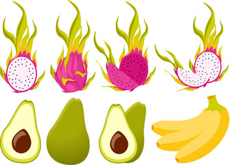 Set asian fruit pink and white dragonfruit banana avocado  element's collection on white background 