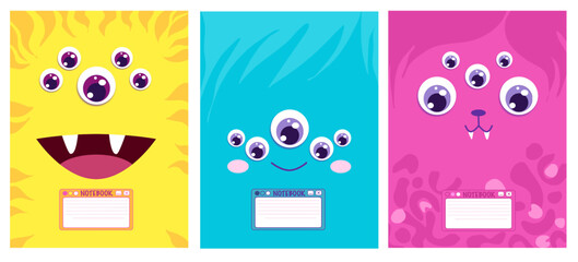 Cartoon Monster set  cover design for notebooks, planners, brochures, children books. Vector cartoon printable illustration