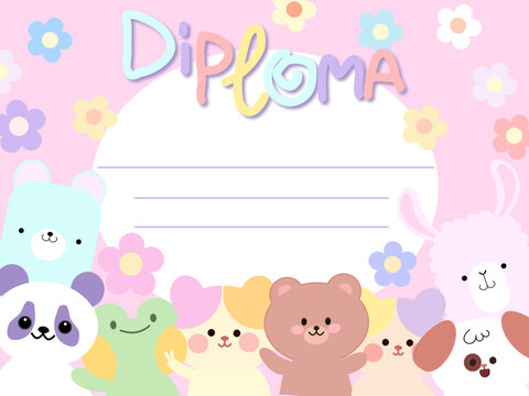 Diploma preschool horizontal banner certificate design empty template back Go to school  background With cartoon animal's kawaii
