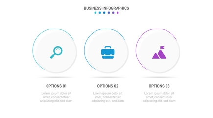 Timeline infographic with infochart. Modern presentation template with 3 spets for business process. Website template on white background for concept modern design. Horizontal layout.