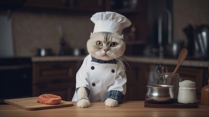Gray cat cook steak in the kitchen