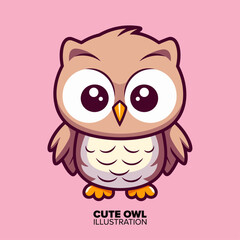 Vector Icon Illustration: Cute Owl with Big Eyes Cartoon, Animal Nature Icon Concept, Isolated Vector, Flat Cartoon Style