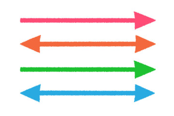 Long horizontal arrows. Straight colored green, orang, blue, red double arrows. 