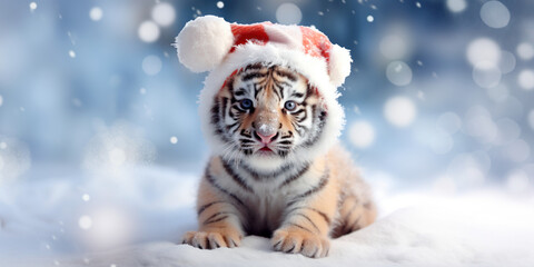 Holiday Magic: Adorable Tiger Cub Wearing Santa Claus Hat in Snow