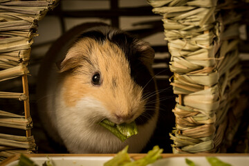 close up view of a guinea pig eating salad