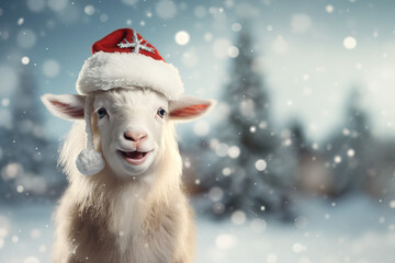 Festive Farmyard: Adorable Goat Wearing Santa Hat in Winter