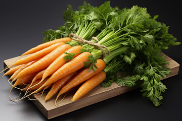 Against a crisp dark background, a bountiful bunch of fresh carrots takes center stage. The wooden surface adds a rustic touch, perfectly complementing the vibrant orange hues of the carrots.