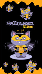 Party vector poster Halloween vibes vampire cat in bee costume with a jar of honey and money. Halloween character background cat-bee for storys 9:16