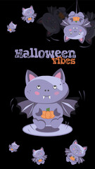 Party vector poster Halloween vibes cat in vampire costume with pumpkin. Halloween character background cat-bat for story 9:16