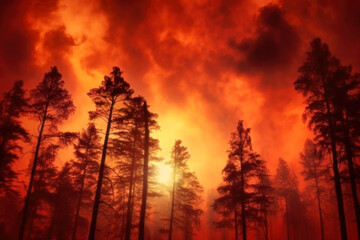Dramatic forest wildfire at sunset, with silhouetted trees and trees barely visible through heavy smoke