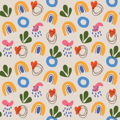 Aesthetic  boho seamless pattern. Rainbow circle heart round floral shapes on beige background. Vector illustration.