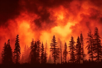 Forest wildfire, dark red sky willed with heavy smoke over trees silhouettes