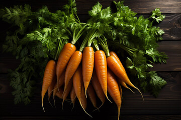 Fresh carrots bunch on wood high quality with white background, keep the image on center high detail, and shutter stock style.In a picturesque scene that embodies the essence of a bountiful garden, 