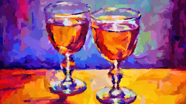 Abstract drinking picture with glasses of wine. Stylized artistic painting is made in oil on canvas. Digital artistic background. Illustration for banner, poster, cover or brochure.
