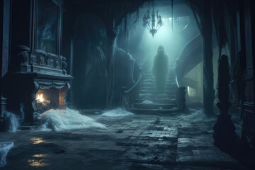 Silent veiled apparition standing sentinel on the staircase of a haunted estate © ChaoticDesignStudio