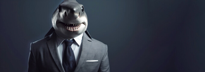 Shark in business suit. Banner with copy space