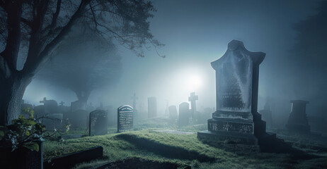An ancient burial stone stands over ghostly silhouettes of other graves and trees obscured by the mist