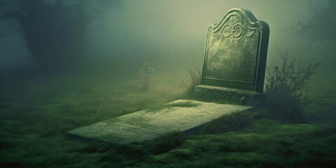 A blank and weather-worn gravestone rests amidst the grass in an old cemetery in misty night