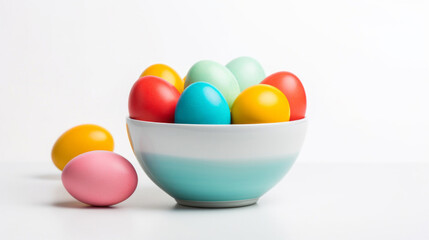 Fototapeta na wymiar Bowl of colorful easter eggs on white copyspace background. Chocolate candy in studio