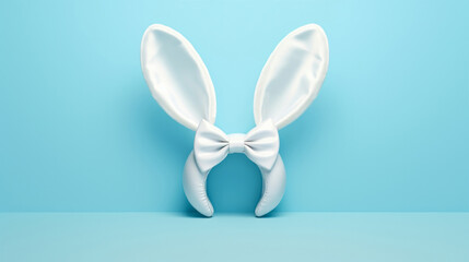 White bunny ears and bow on blue copyspace background in studio. Festive Easter concept