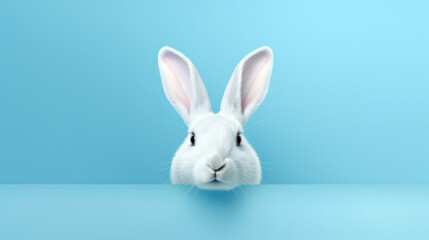 White bunny on blue copyspace background in studio. Festive Easter concept
