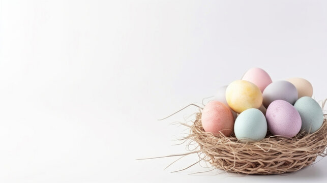 Basket of colorful easter eggs on white copyspace background. Chocolate candy in studio