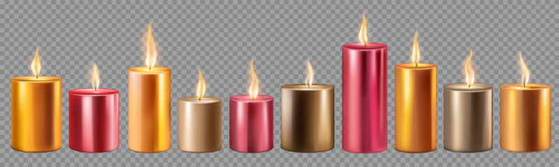 Set of burning candles in different sizes, in red, brown and yellow colors, isolated on transparent background