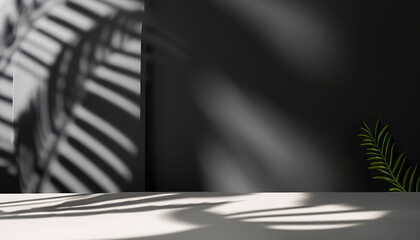 Abstract studio black background for product presentation. Empty room with shadows of window and flowers and palm leaves . 3d room with copy space. Summer concert. backdrop. beauty product placement.