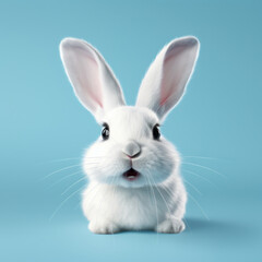 Fototapeta na wymiar White bunny on blue copyspace background in studio. Festive Easter concept