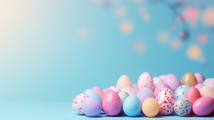 Fototapeta na wymiar Many colorful easter eggs on white copysapce background. Chocolate candy in bokeh studio