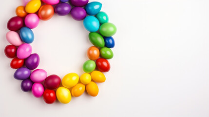 Circle of colorful easter eggs on white copyspace banner background. Festive candy in studio