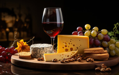 Wine, cheeses and grapes in a vintage setup. Created with Generative AI