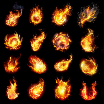 Collection of magical fire effects fo wizardry and enchantments isolated on black