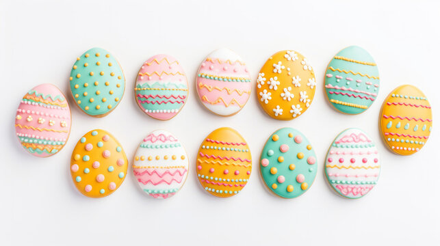 Colorful Easter eggs shaped sugar cookies on white copyspace background