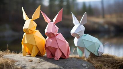 Three origami rabbits perched on a rock