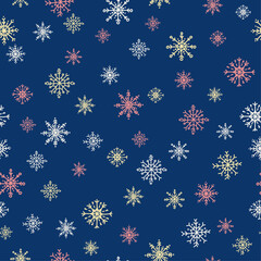 Pattern with hand drawn snowflakes on blue background
