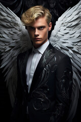 Portrait representation of an elegant male angel with wings in a business man style. Radiant beauty of an angel of unparalleled brilliance against a black background.