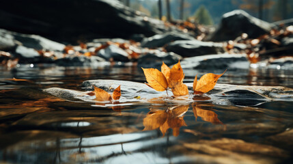 Maple leaves on a rocky stream in autumn
